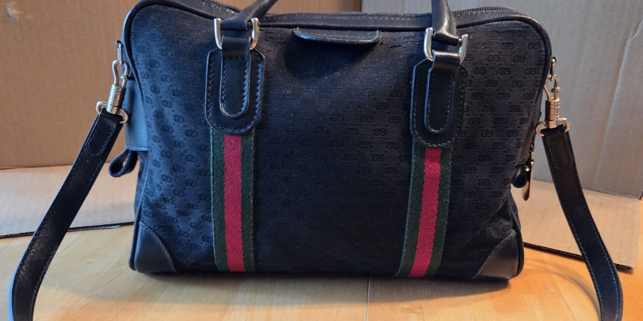 Gucci Black Monogram Web Stripe Top Handle Satchel Bag Zip w/ Detachable Strap