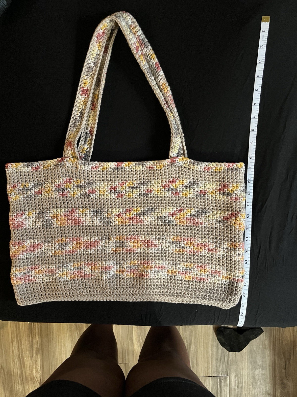 Handmade Crochet Women’s Tote Bag Gray Multicolor Rectangle Double Handles