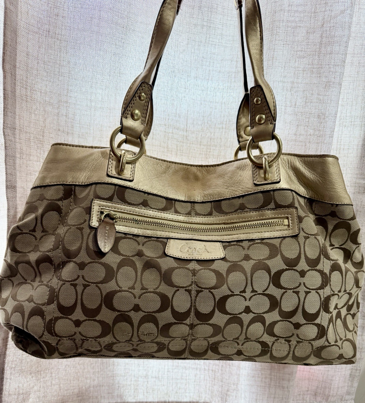 Coach Signature Logo Large Bag Beige Brown Gold + Wallet