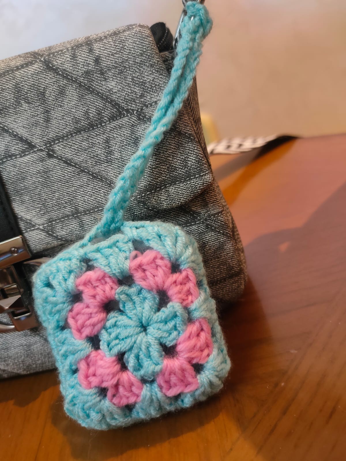 Handmade Crochet Mini Flower Pouch – Blue & Pink Granny Square Coin Purse