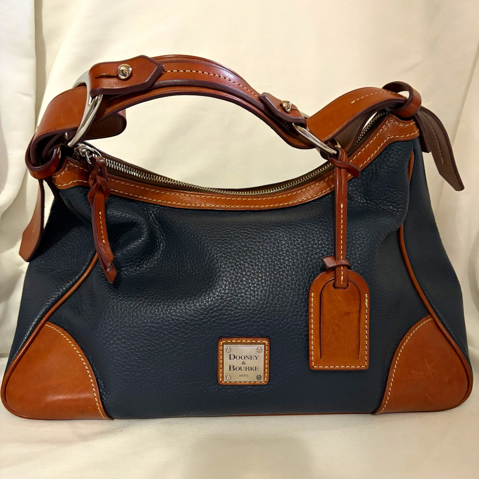 Dooney & Bourke Blue Pebbled Shoulder Bag, Brown Strap, Silver Zip, Red Lining