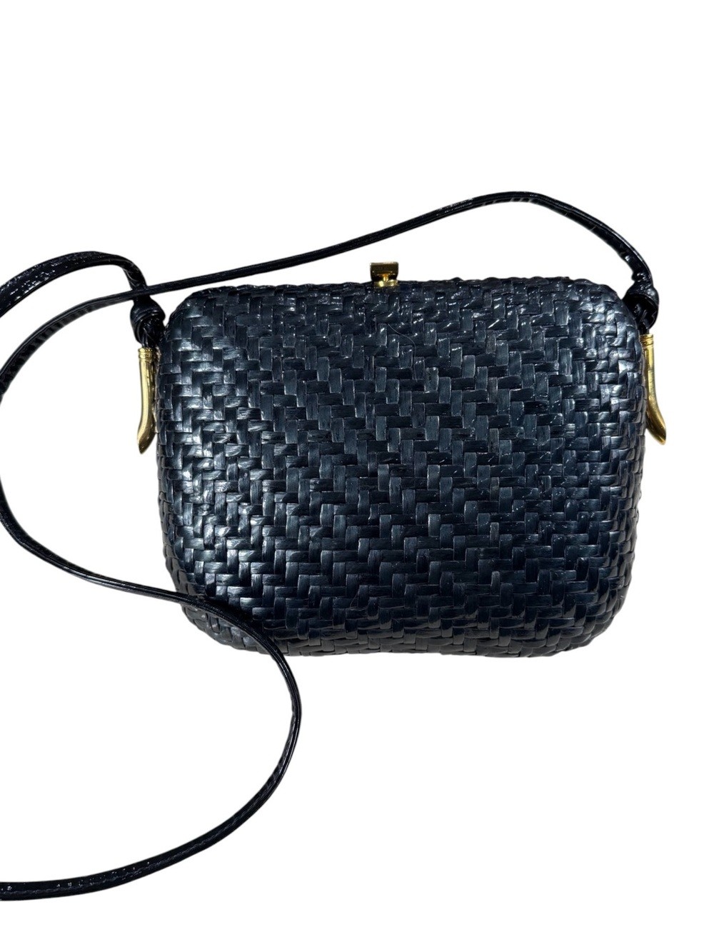 Rodo Vintage Woven Reed Crossbody Bag – Black With Brass Accents French