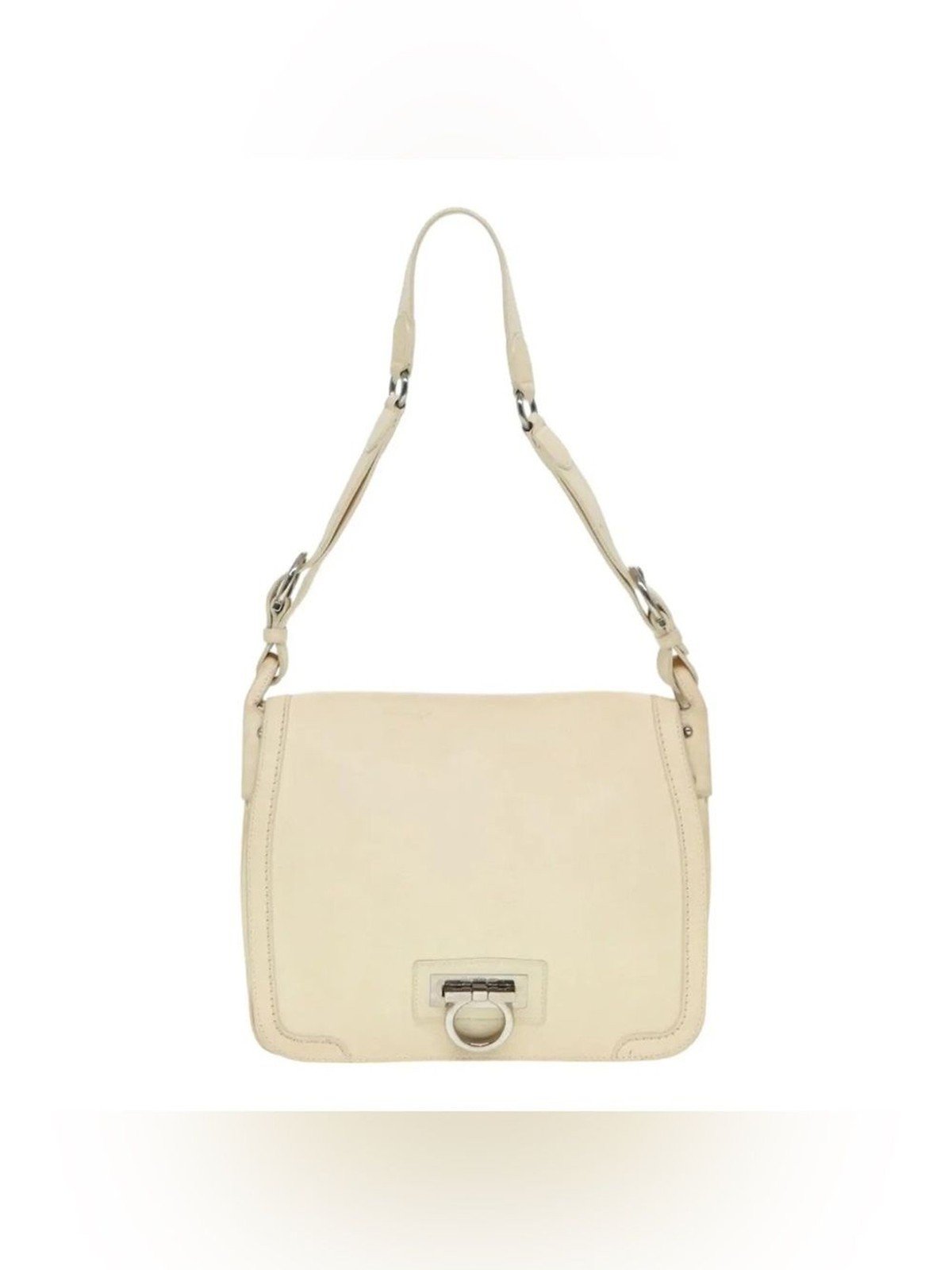 Salvatore Ferragamo Gancini Leather Flap Shoulder Bag Silver Hardware Cream