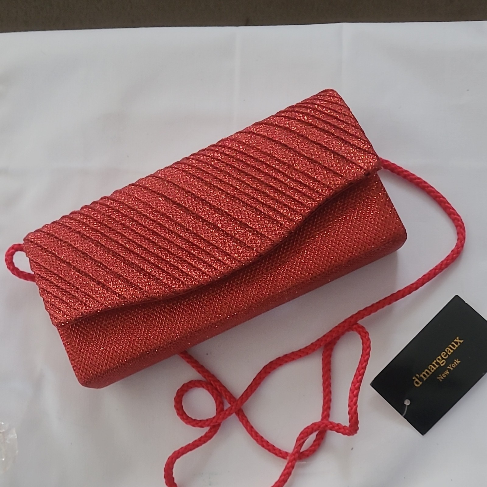 dmargeaux Red Metallic Pleated Clutch, Detachable Crossbody Strap, Snap