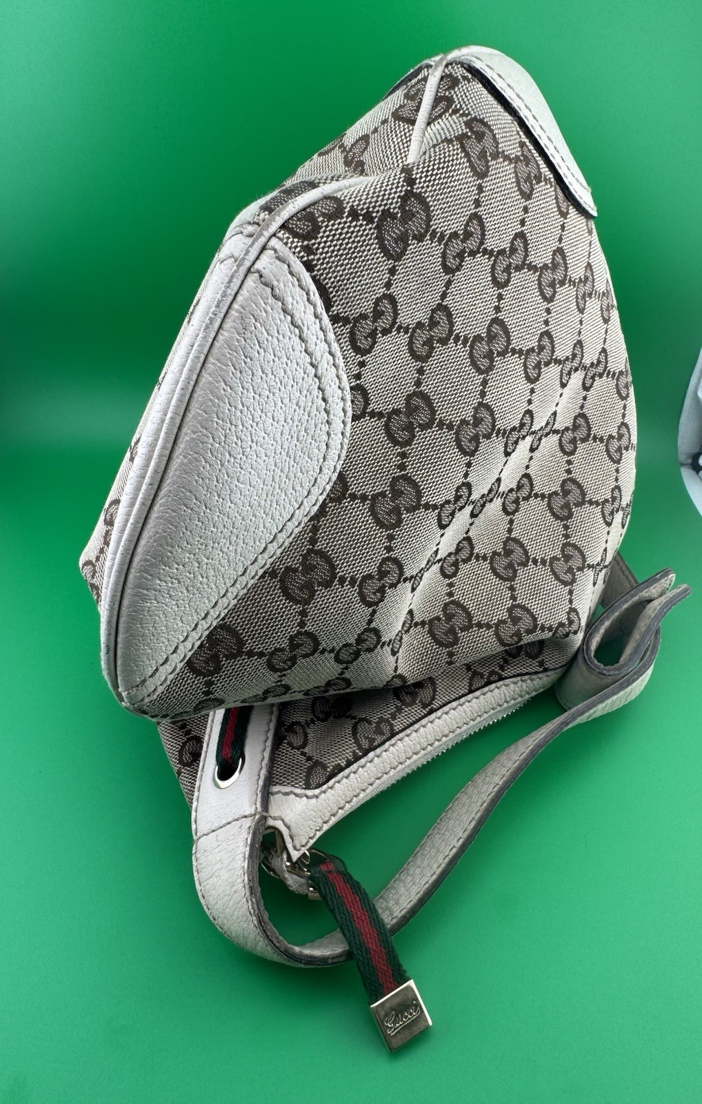 Gucci GG Monogram Crescent Shoulder Bag Ivory Trim/Strap Zip w Bag Charm