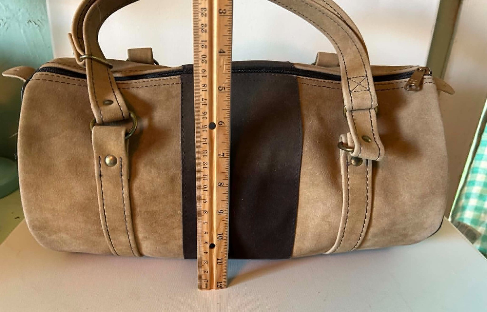 Vintage 70s 80s Suede Barrel Bag Two Tone Brown Tan YKK Zipper Retro Cylinder