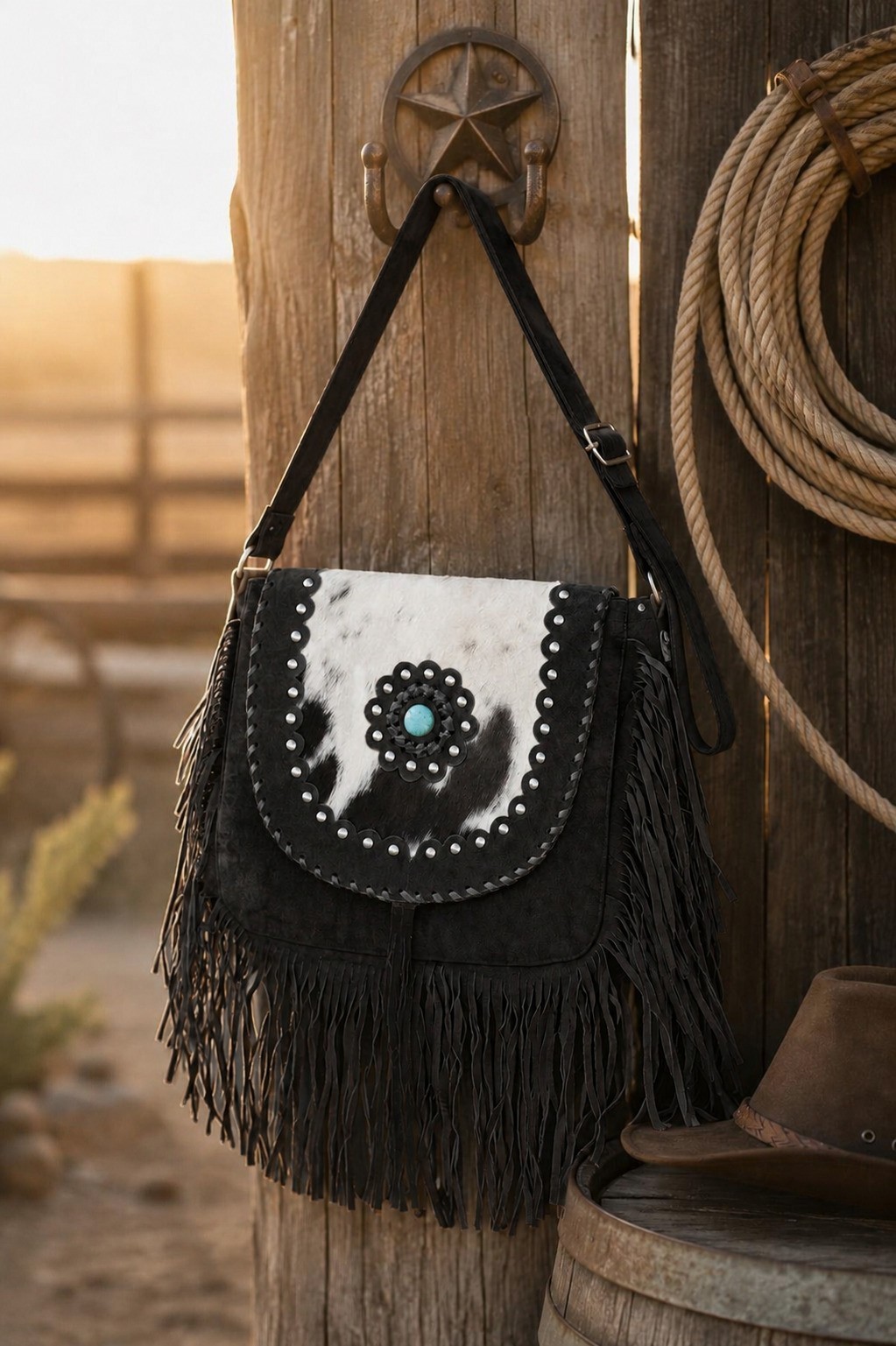 Women Handbag Western Style Crossbody Suede Leather Purse Fringes & Beaded Work