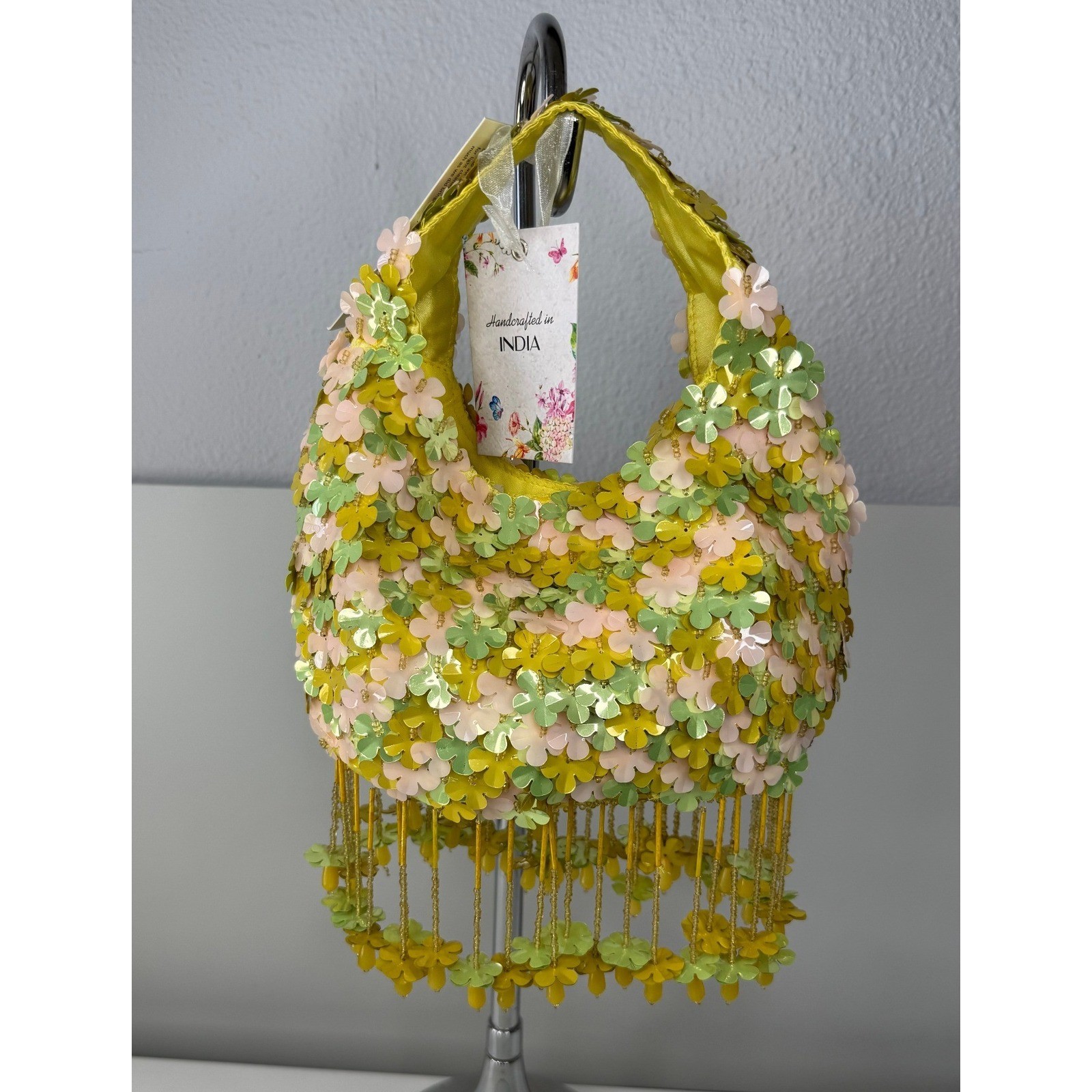 Handcrafted India Floral Sequin Beaded Small Hobo Bag Yellow Green Pink NEW