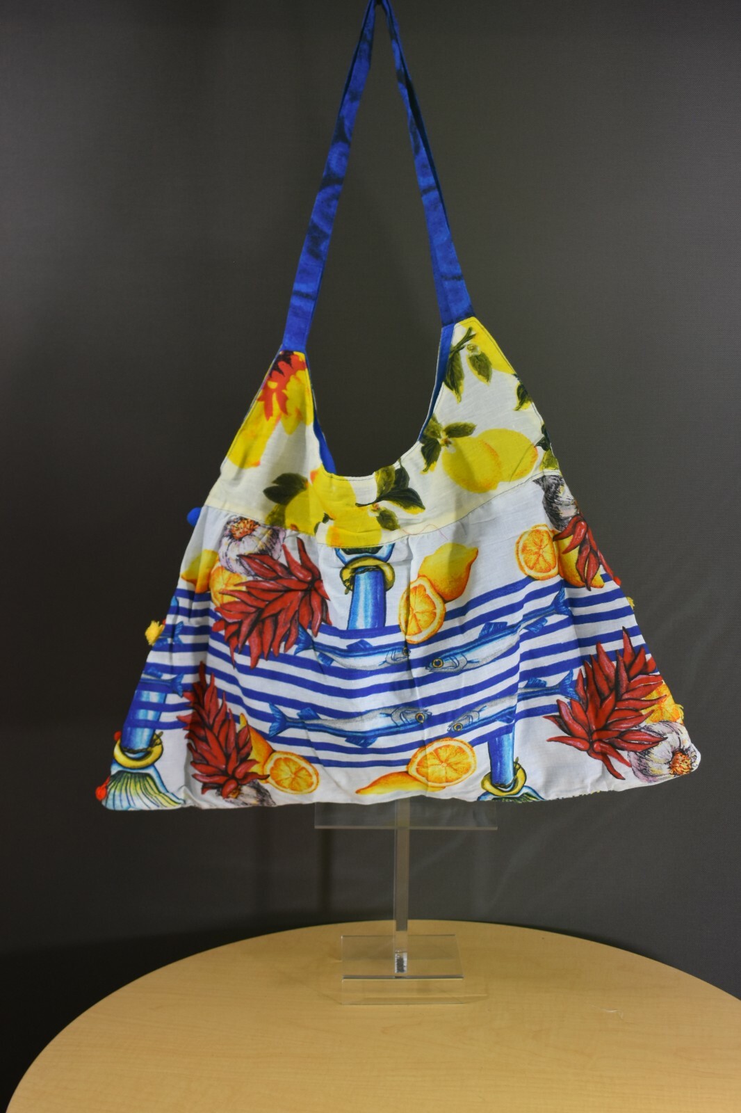 ANTICA SARTORIA BLUE & WHITE STRIPE WITH LEMON & TAILS POMPOMS PURSE/BAG