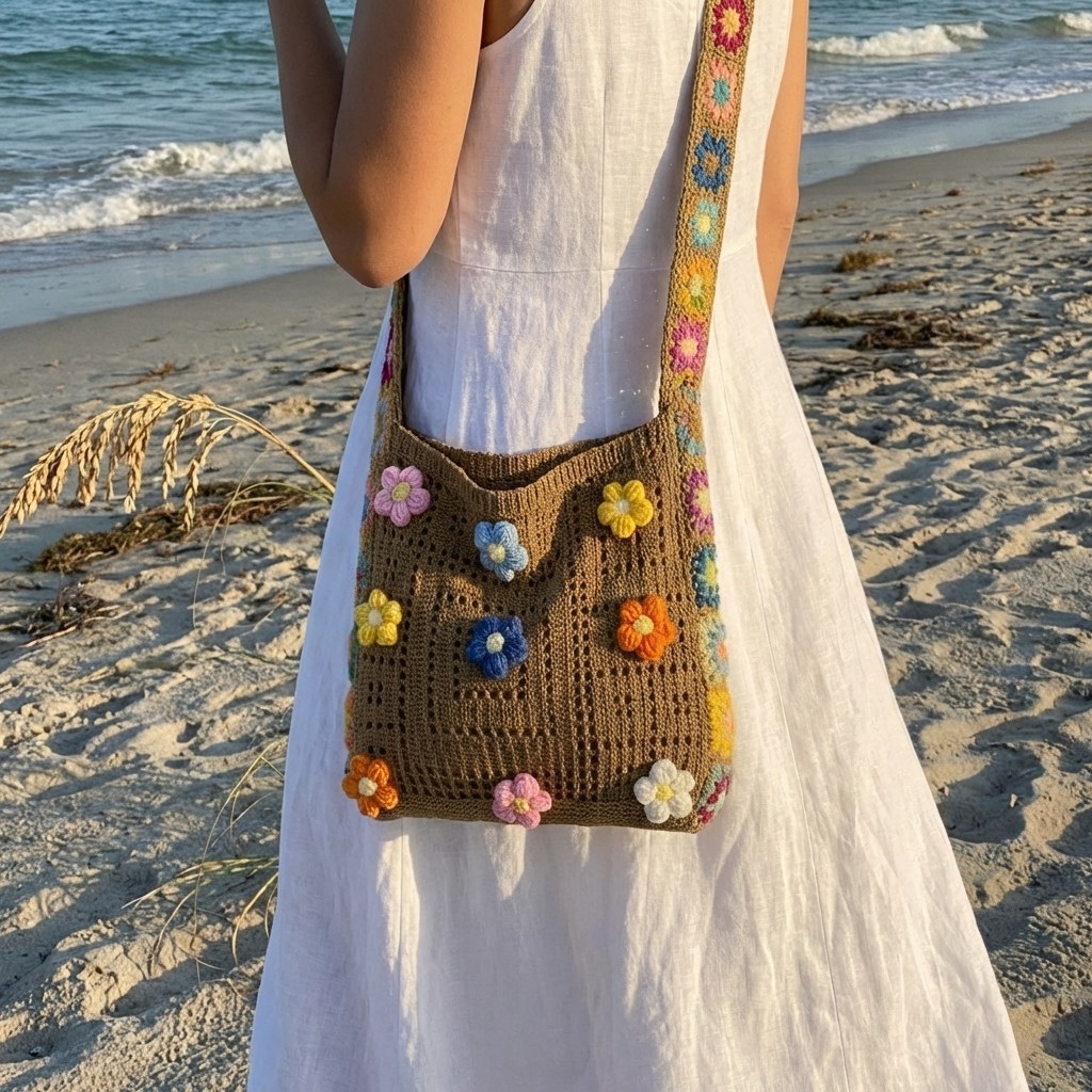 Flower Applique Crochet Bag Women Colorful Knit Crossbody Shoulder Purse