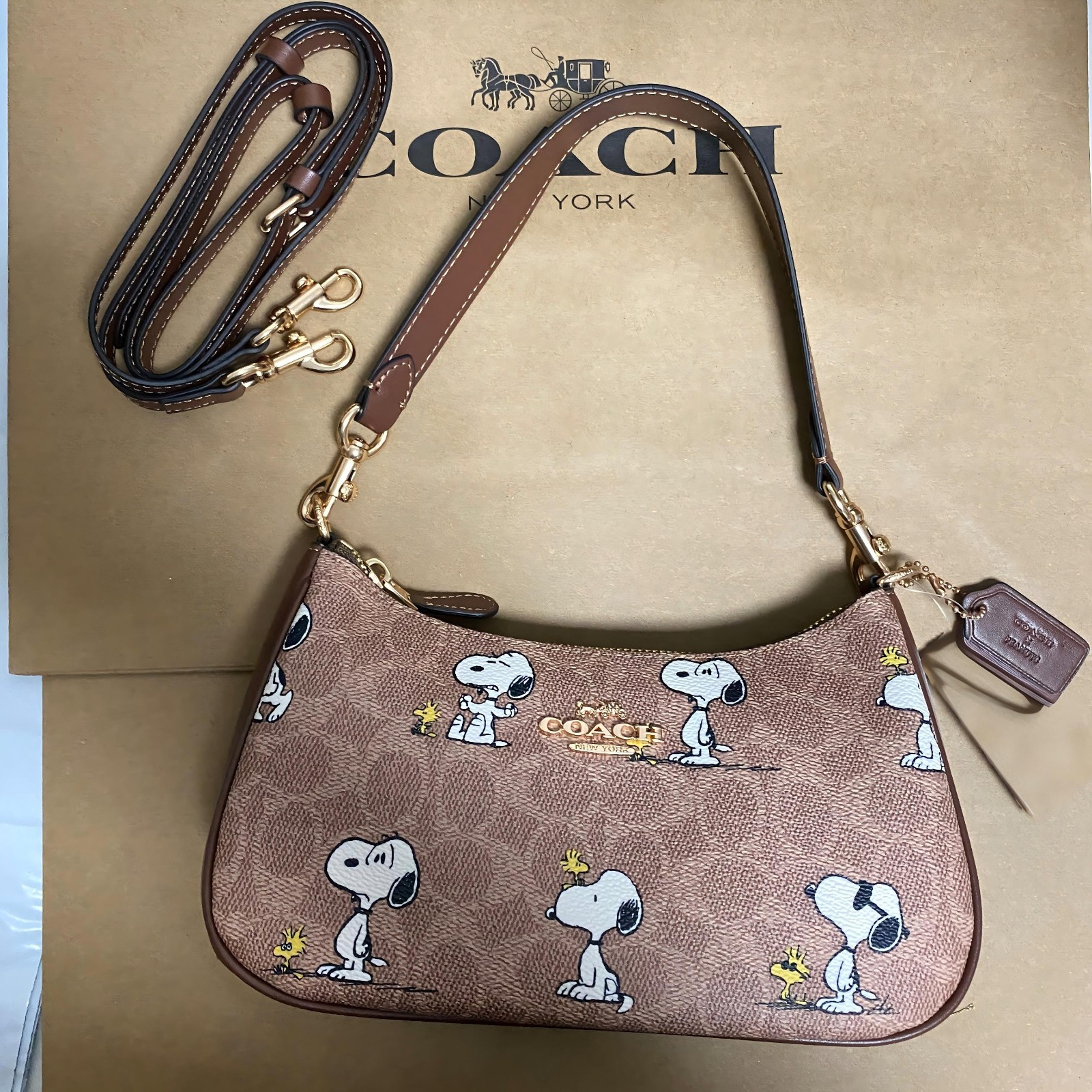 COACH x PEANUTS CBJ88 Teri Shoulder Bag Tan Brown Snoopy Print Signature Canvas
