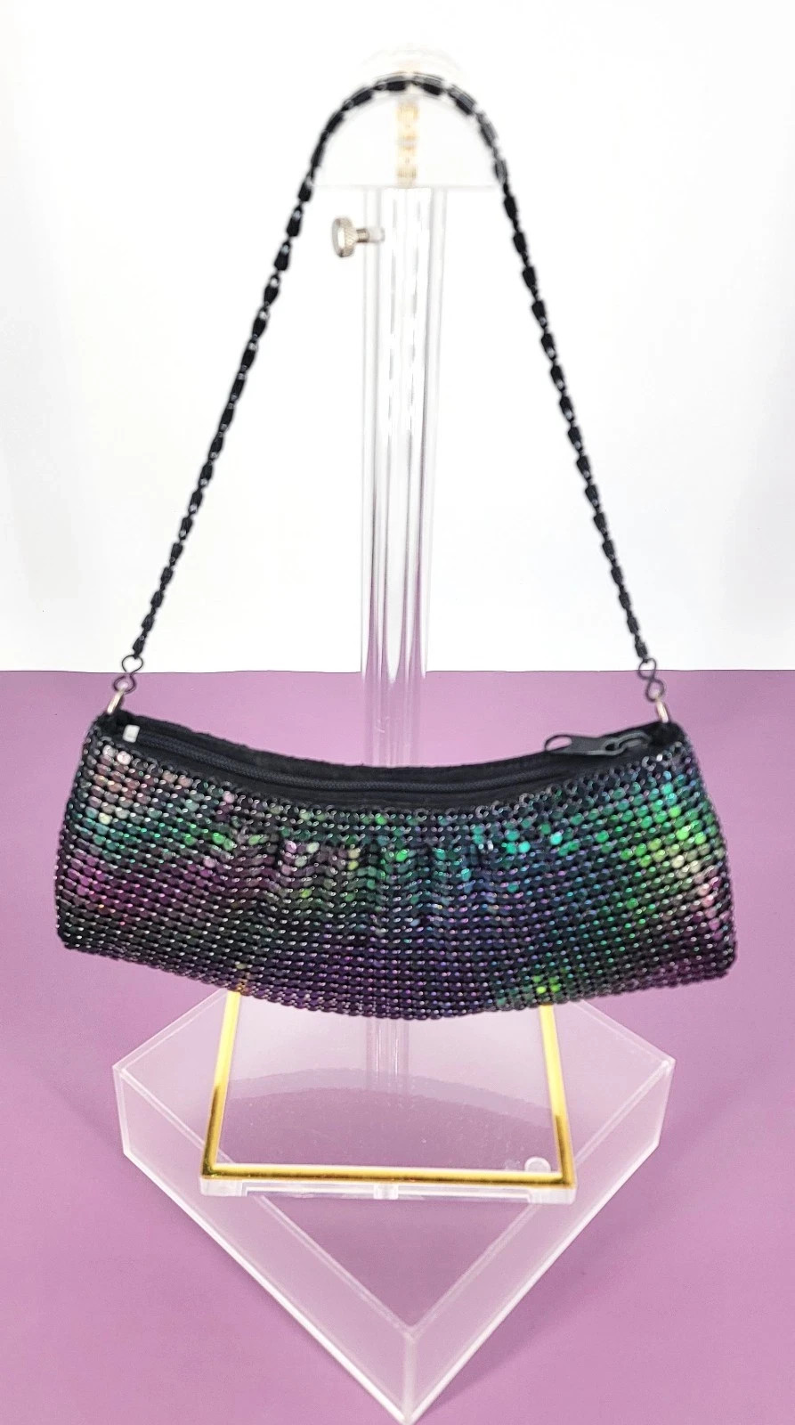 90s Y2K Black Iridescent Chain Mail Mesh Crescent Evening Bag Black Chain Handle