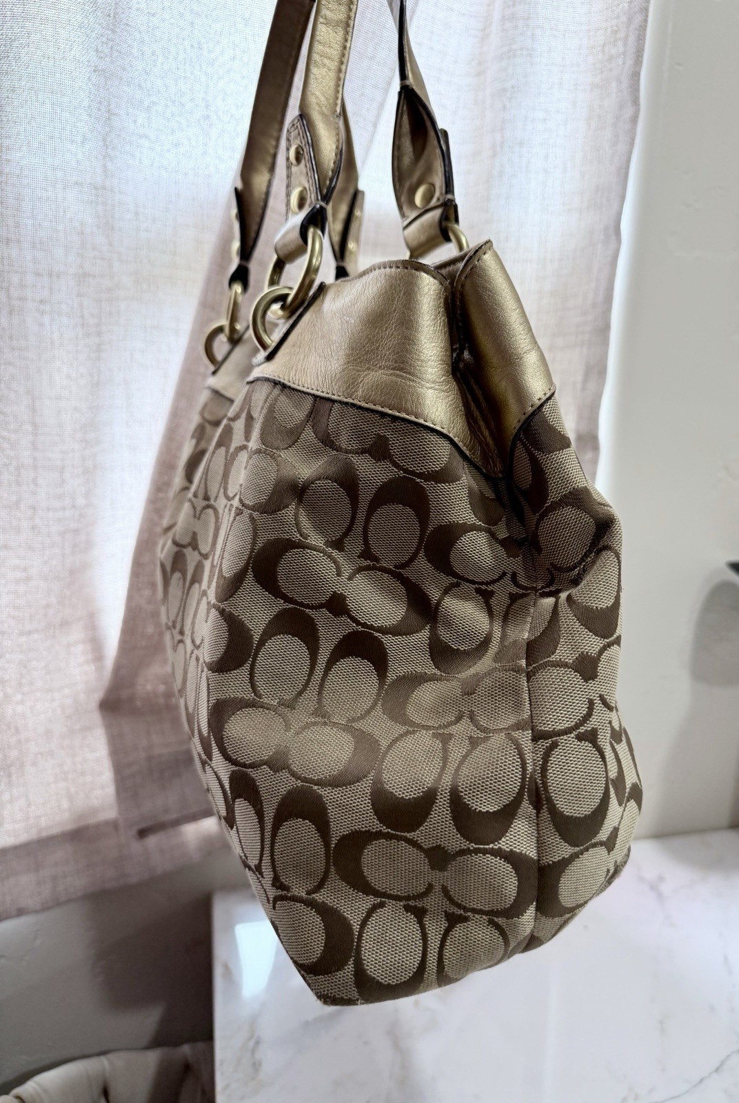 Coach Signature Logo Large Bag Beige Brown Gold + Wallet