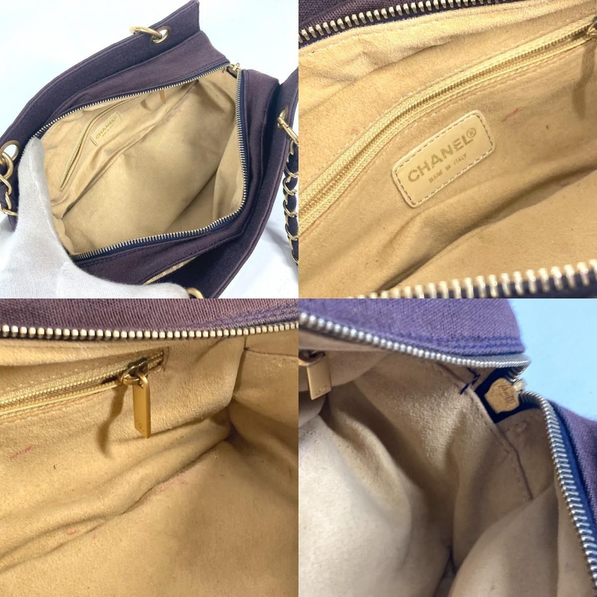 Chanel CC Logo Chocolate Bar Double Chain Shoulder Bag Purple Jersey Authentic