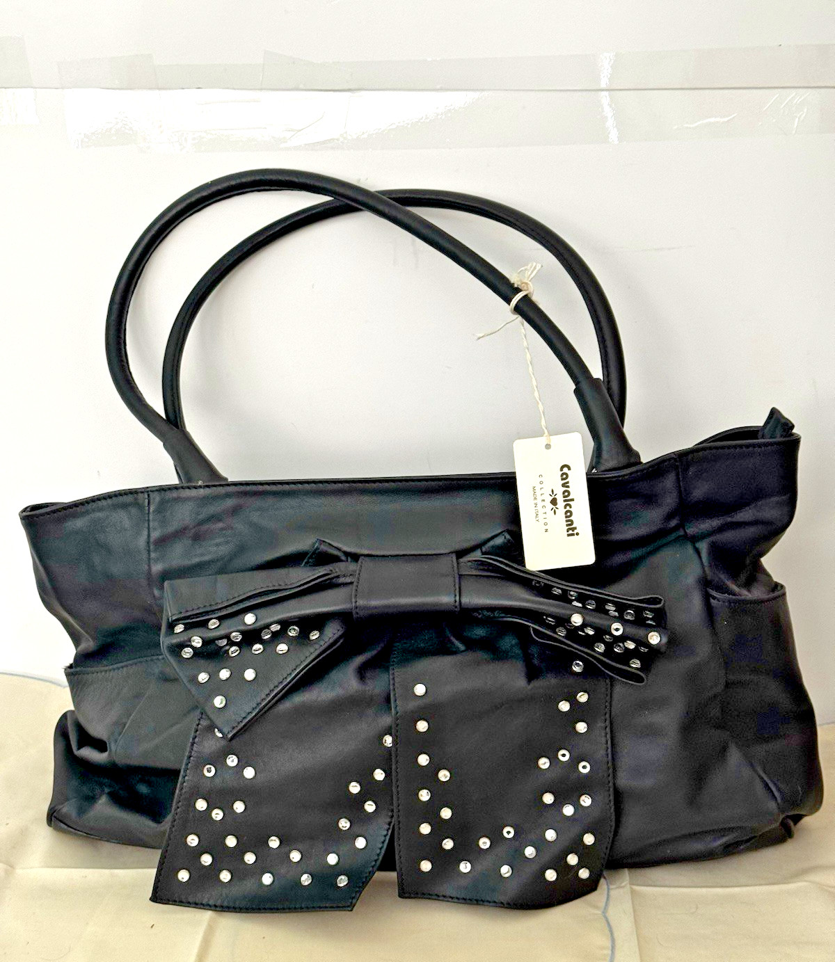 Cavalcanti Black Leather Shoulder Bag Rhinestone Studded Bow Orig Tag Dust Cover