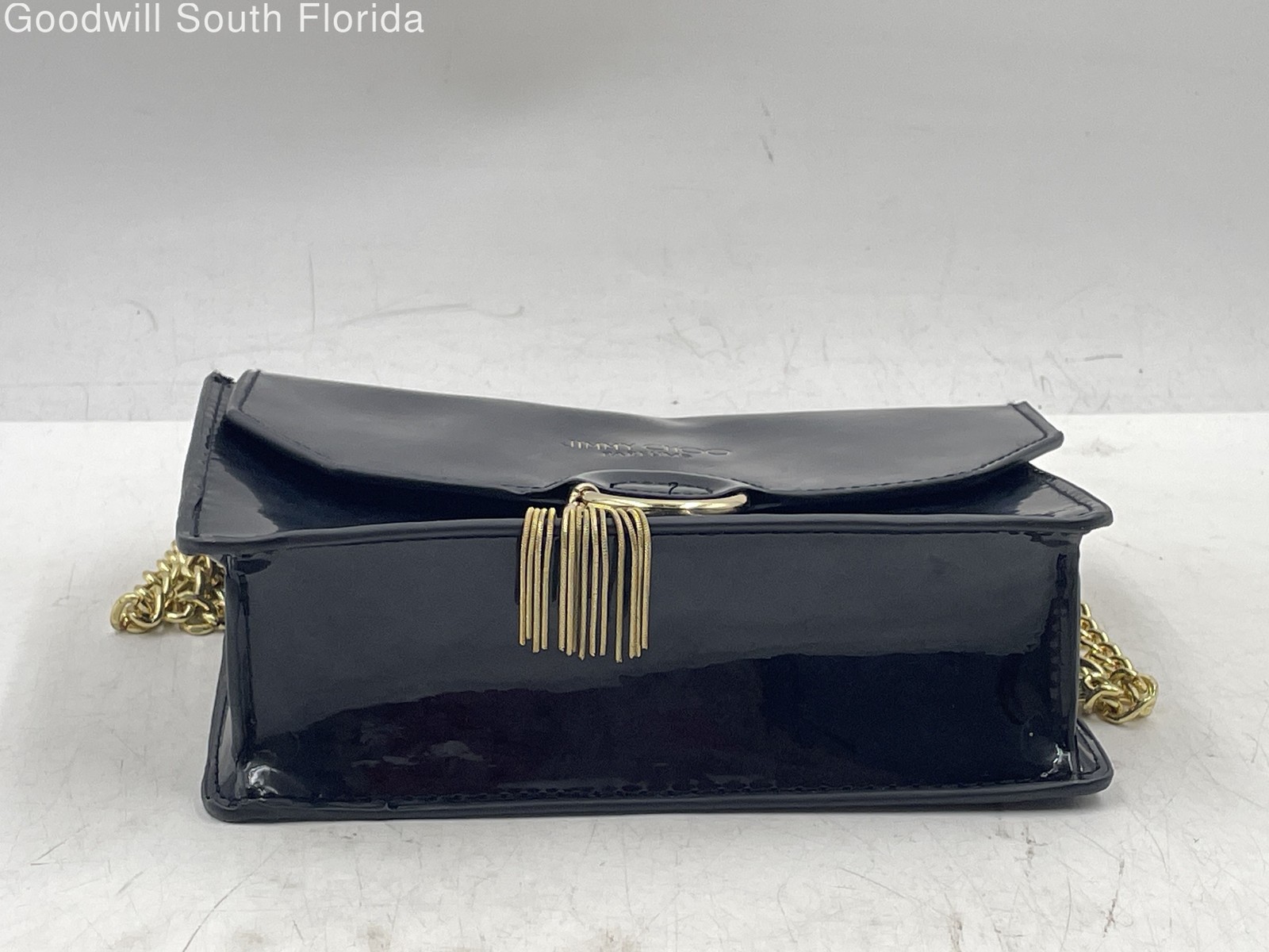 Jimmy Choo Parfums Womens Black Gold-Tone Chain Strap Flap Crossbody Bag Worn