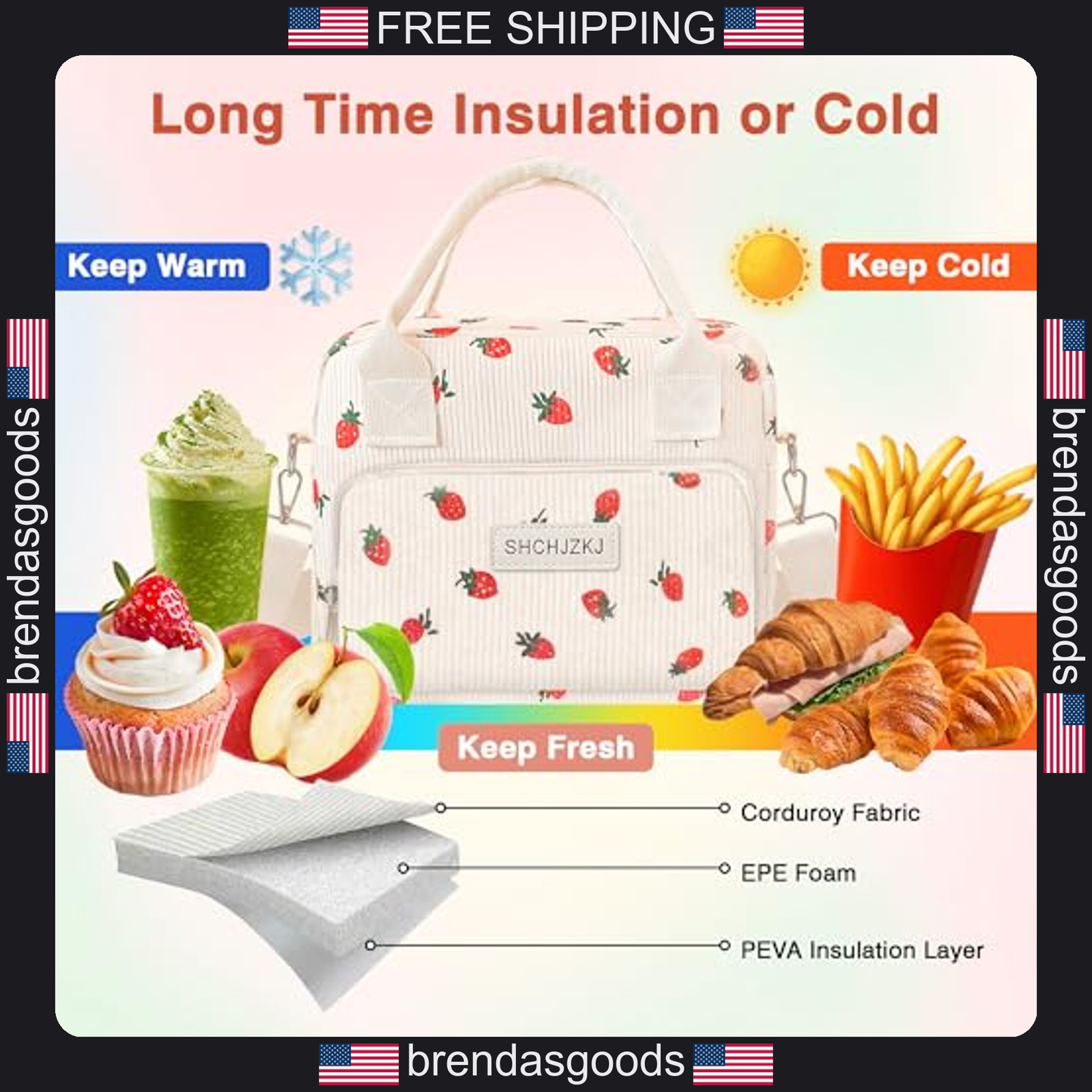 Large Corduroy Lunch Bag with Adjustable Shoulder Strap for Women