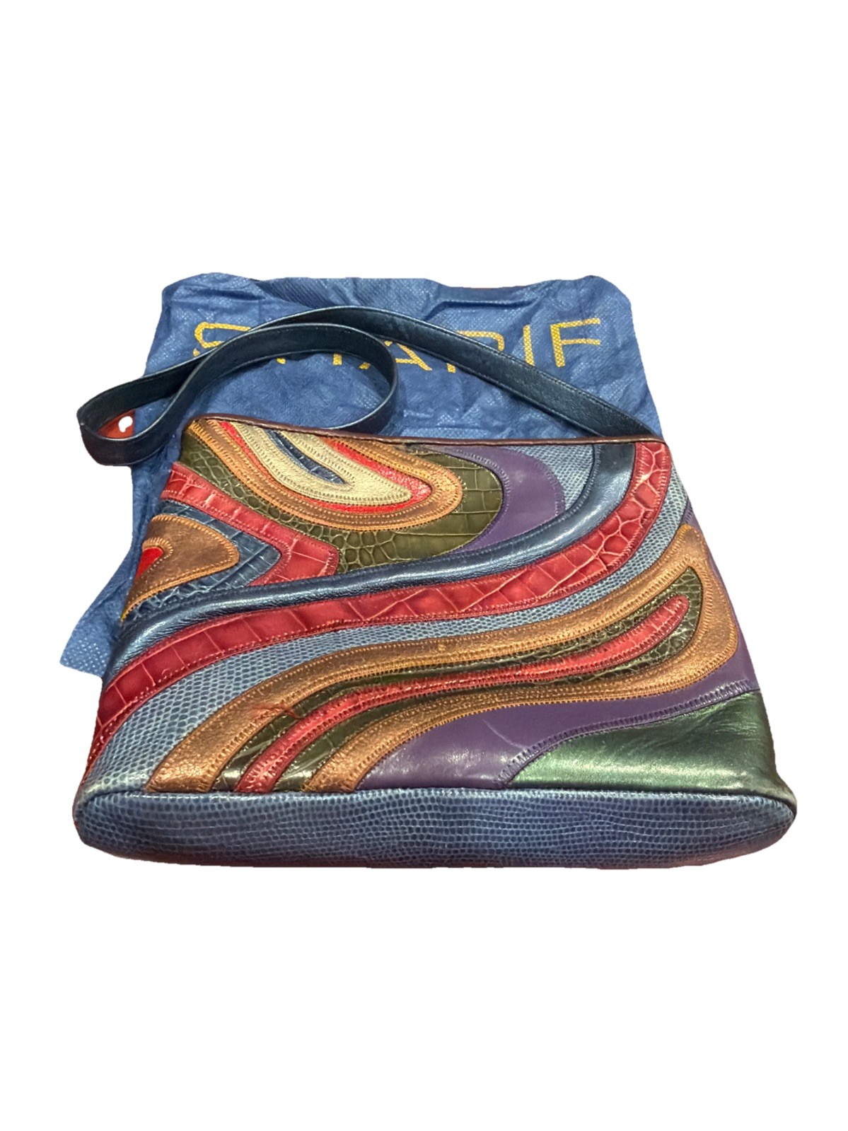 VTG Sharif USA Blue Purple Jewel Patchwork Bag Purse Leather Great Cond. Bag