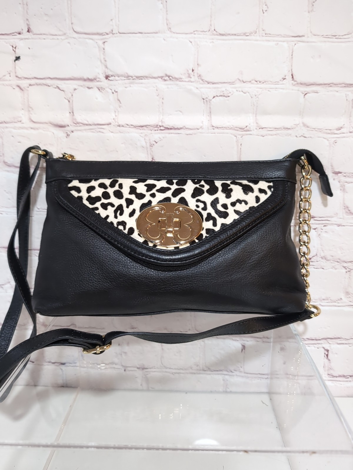 Emma Fox Black Leather Animal Print Crossbody Bag Gold Chain Strap EUC