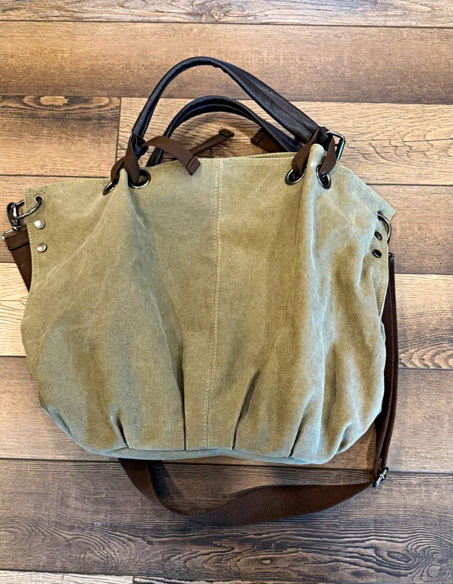 Large Canvas Tote Bag Brown Leather Top Handle Detachable Strap Lined Zip