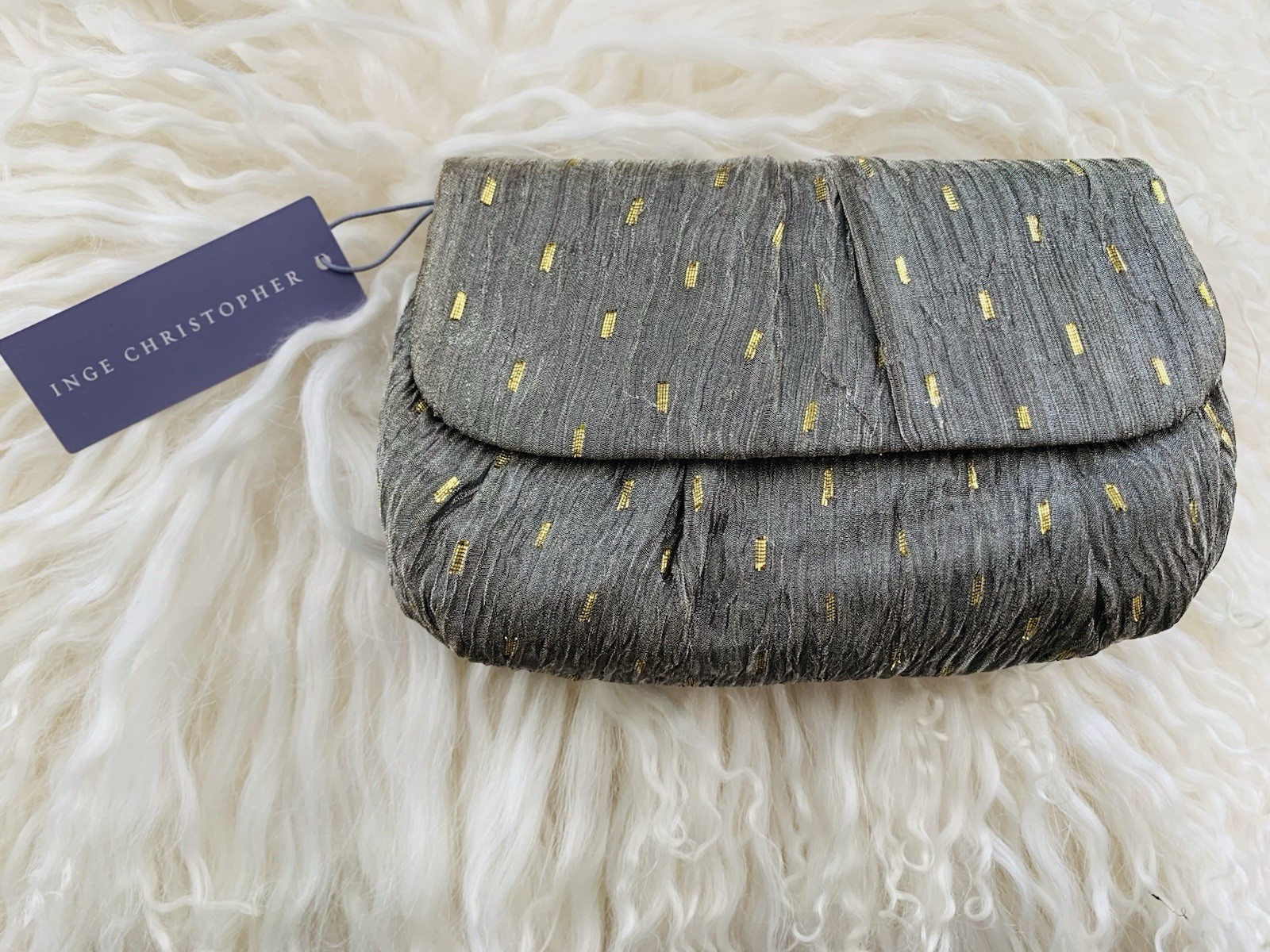 NWT Inge Christopher Gray Gold Metallic Pleated Evening Clutch Handbag Purse