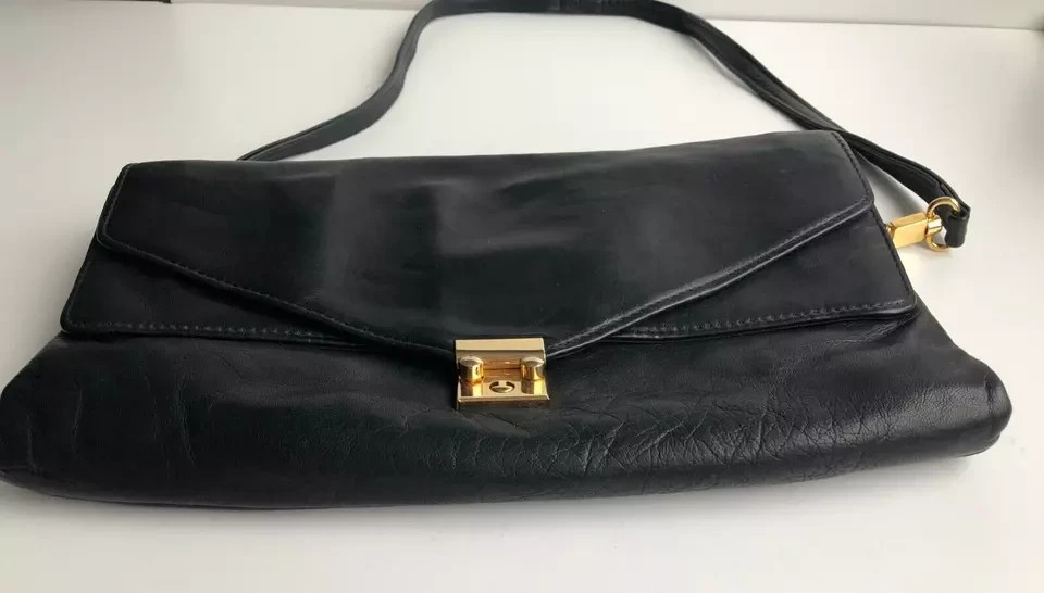 Ladies Clutch Black Calf Leather Shoulder Bag Handbag Evening Bag