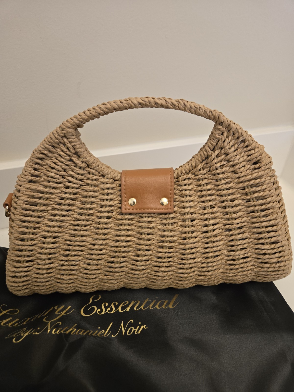 Small Beige Woven Top Handle Bag w/ Gold Chain Detachable Strap Turn Lock