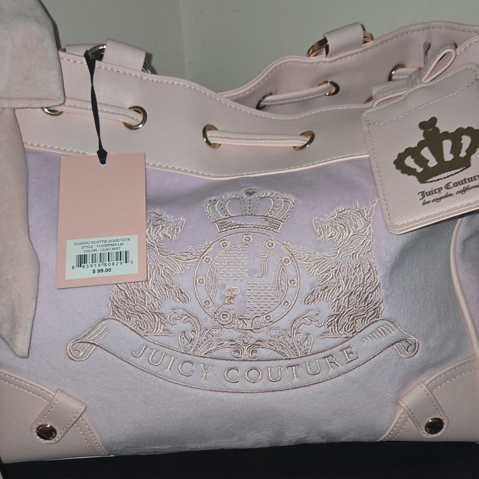 Juicy Couture Tote Bag Drawstring Logo Bow, Lilac/Pink Strap, Gold Hardware