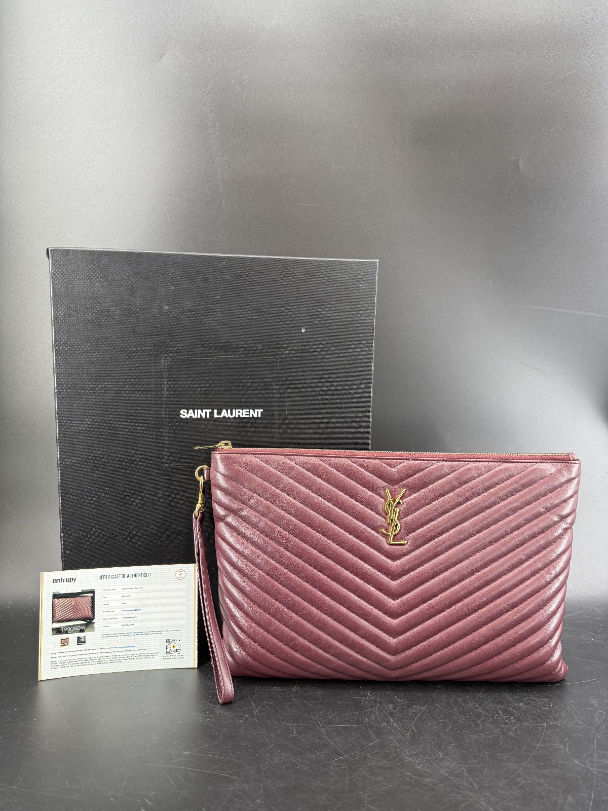Saint Laurent Cassandre Chevron Bordeaux Red Clutch Bag W/ Box