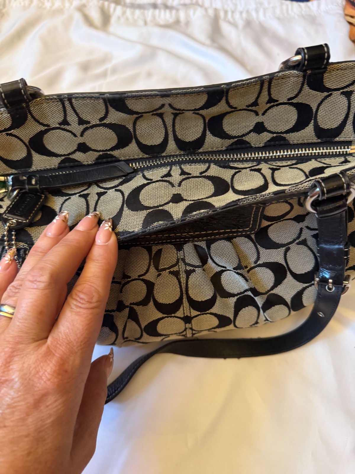 Coach F14281 Signature Pleated Gallery Tote Shoulder Bag Black Khaki Jacquard