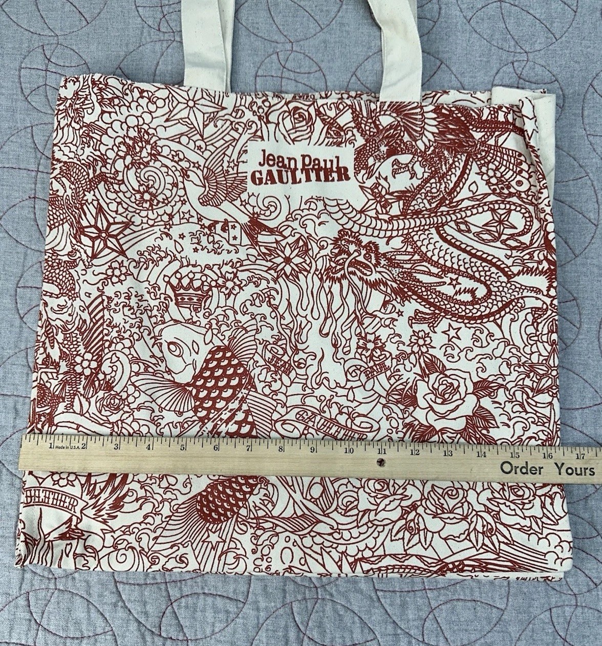 Jean Paul Gaultier JPG Tattoo Tote Bag Fish Dragon Red Beige Canvas Beach Cotton