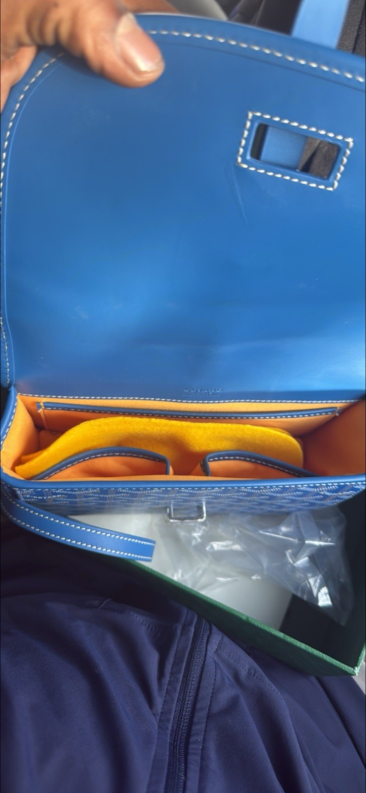 Goyard Blue Monogram Flap Crossbody Bag w/ Detachable Strap, Orange Lining