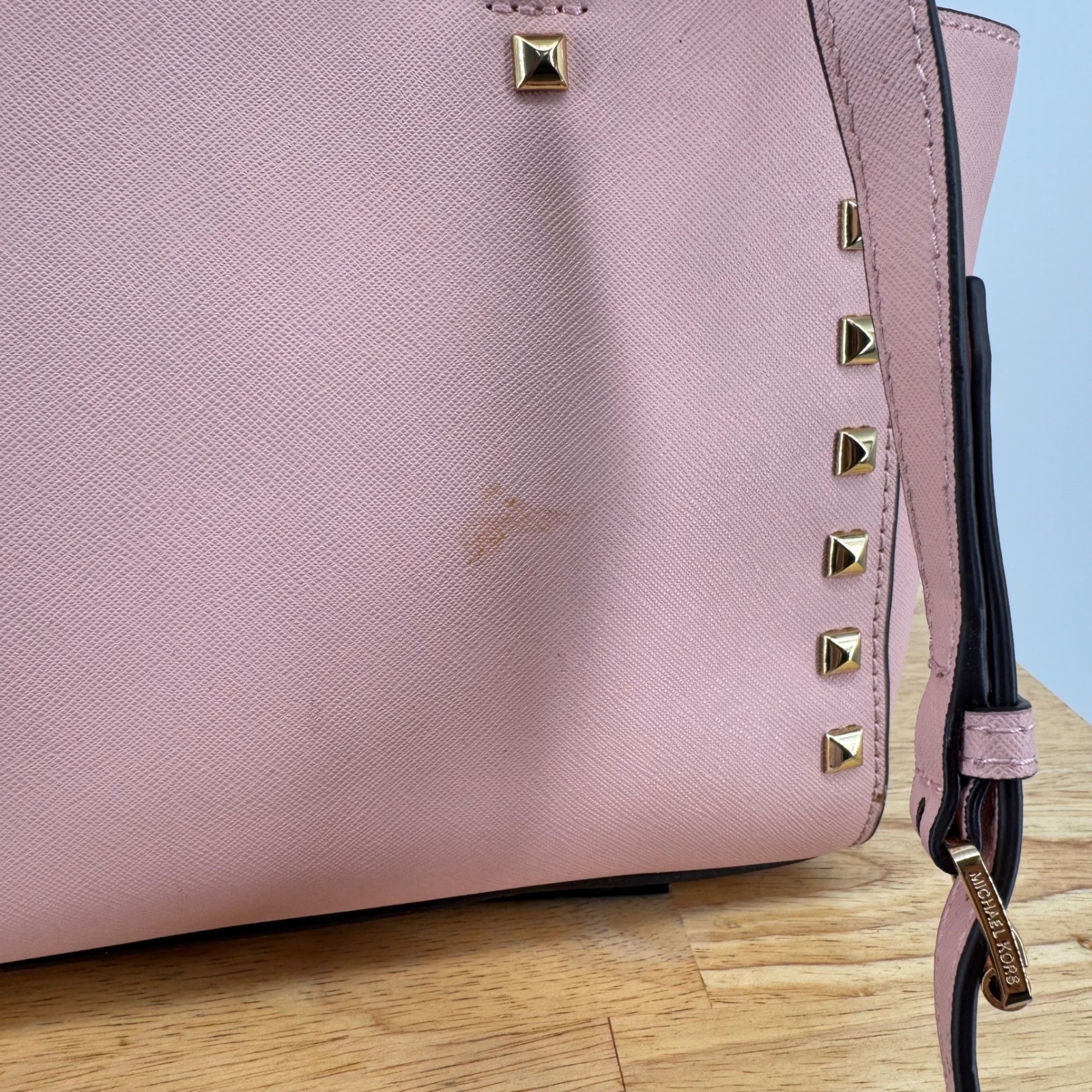 Michael Kors Selma Medium Studded Satchel Pink Saffiano Leather Crossbody Bag