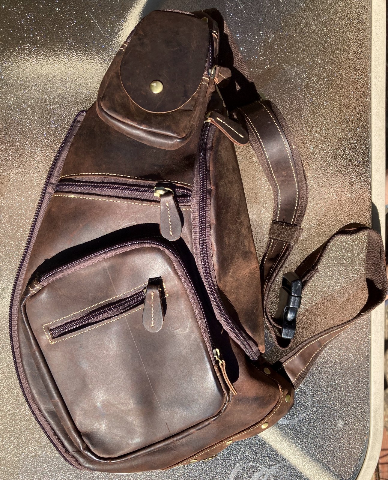 Healthy Back Brown Leather Sling Backpack Crossbody Ergonomic Bag