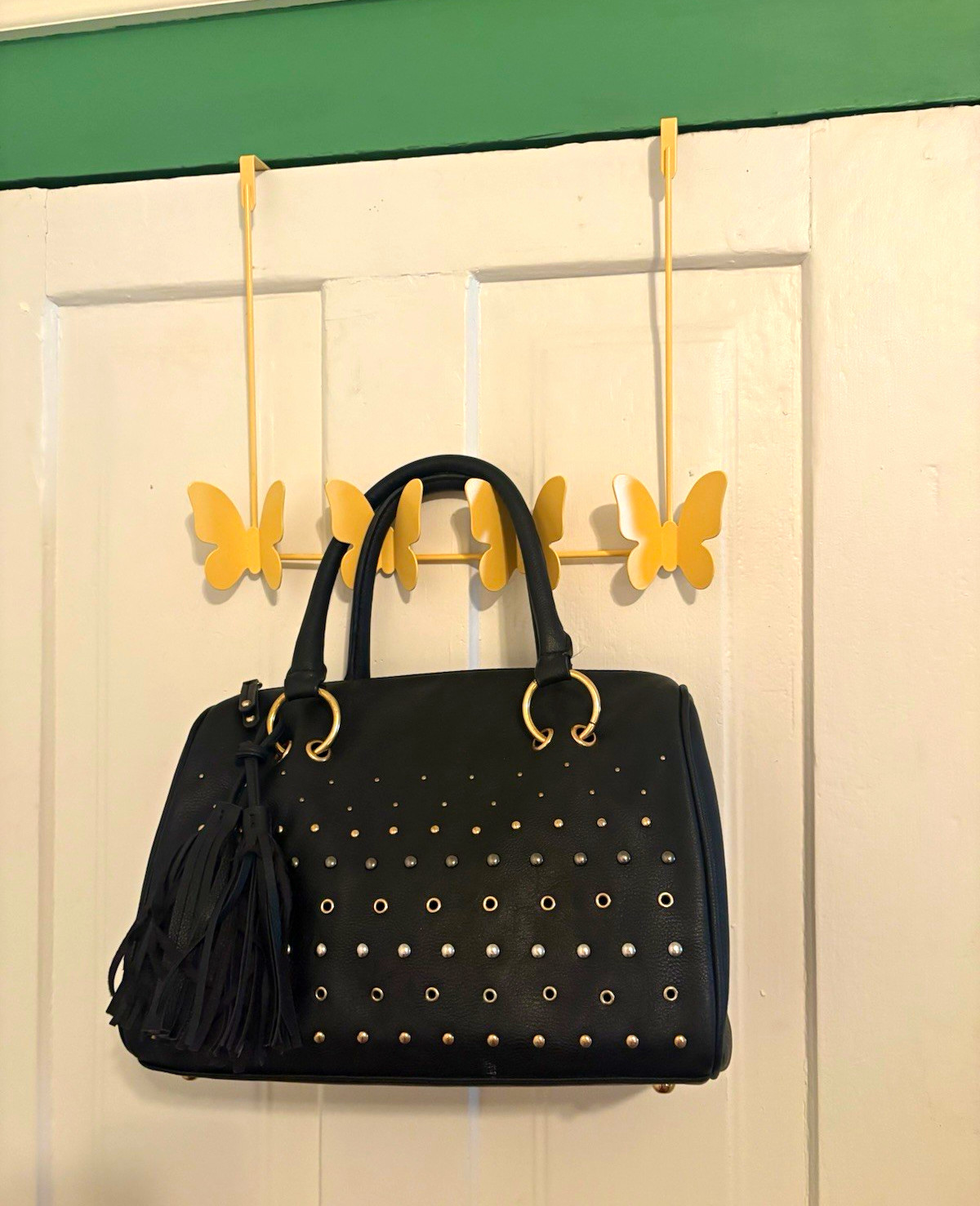 Charming Charlie Black Large Satchel Top Handle Studded Tassel Zip Inner Pockets