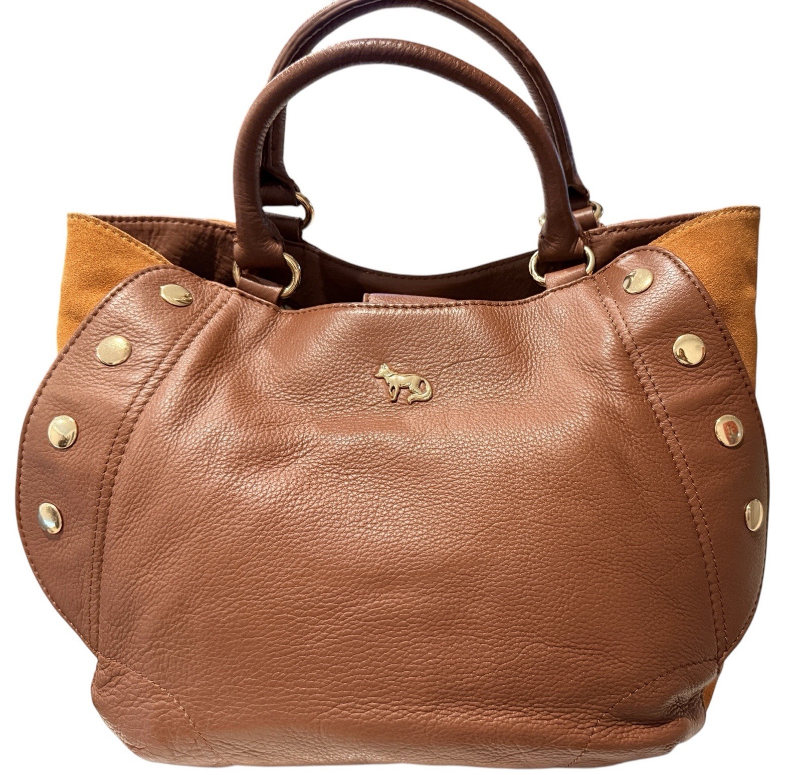 Emma Fox Brown Pebble Leather Satchel Handbag Sweet Panels Gold Tone Large ￼
