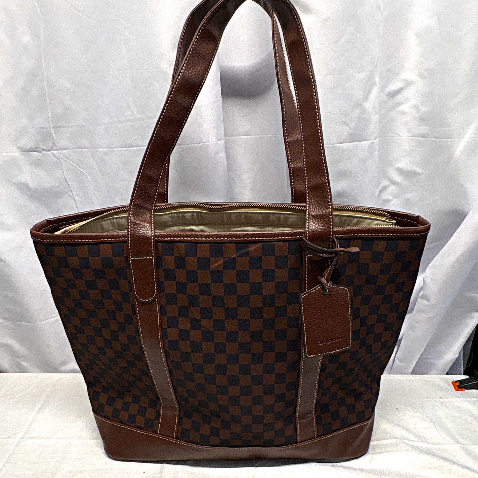 Barrington Brown Checkered Tote Bag Zip Top Luggage Tag Inner Pockets