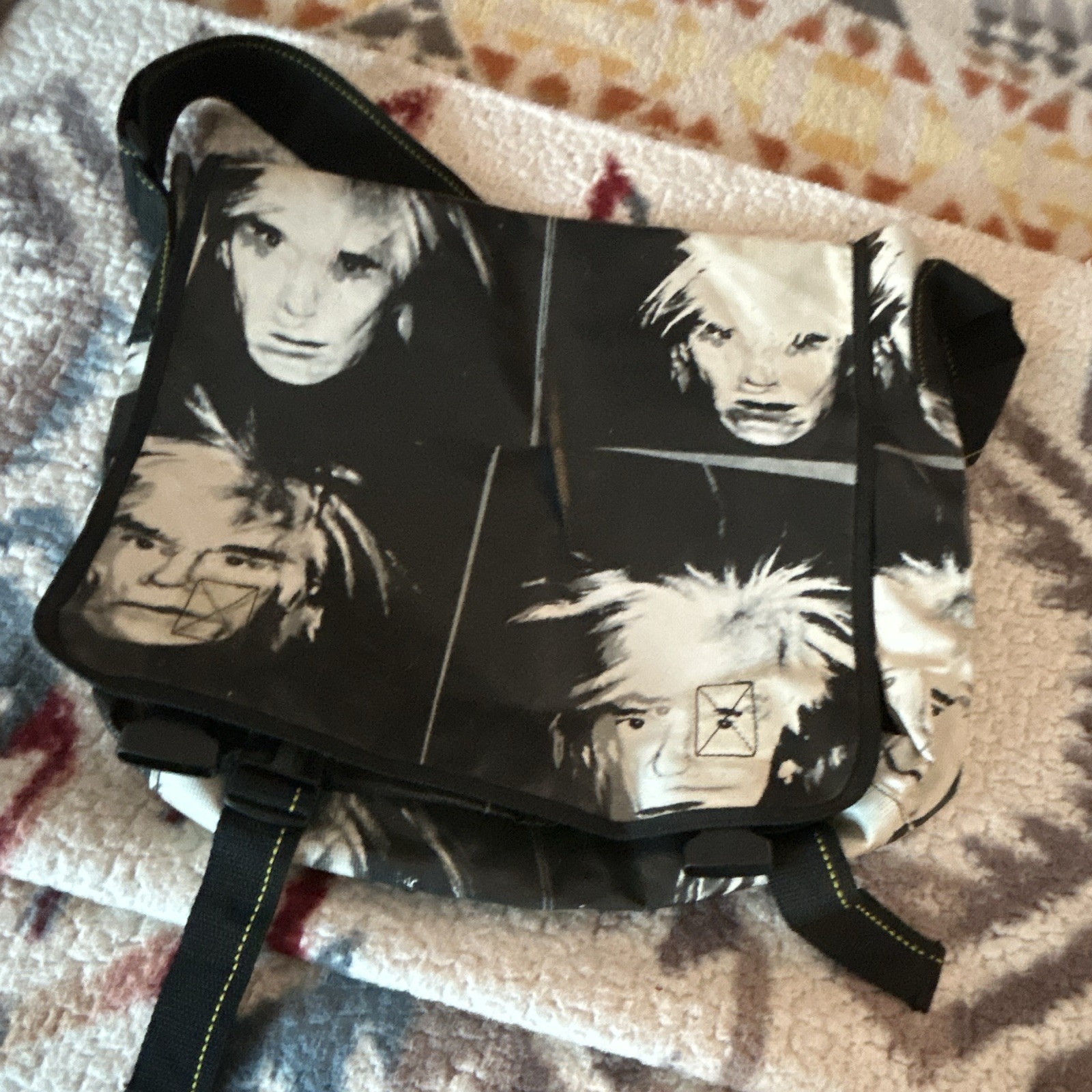 Loop NYC Black & White Graphic Print Messenger Bag Buckle, Adjustable Strap