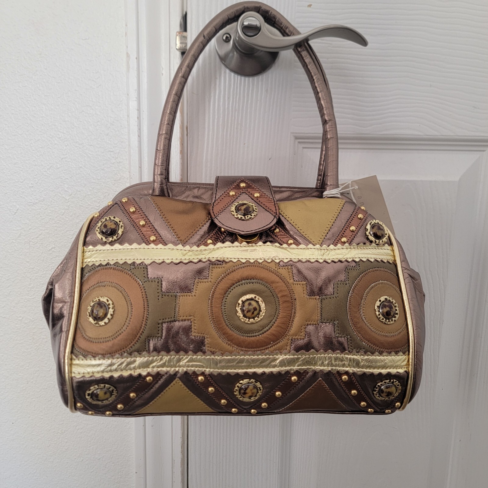 Vintage Genuine Leather Hand Bag Purse – Andre Nicole – Gold And Brown – USA