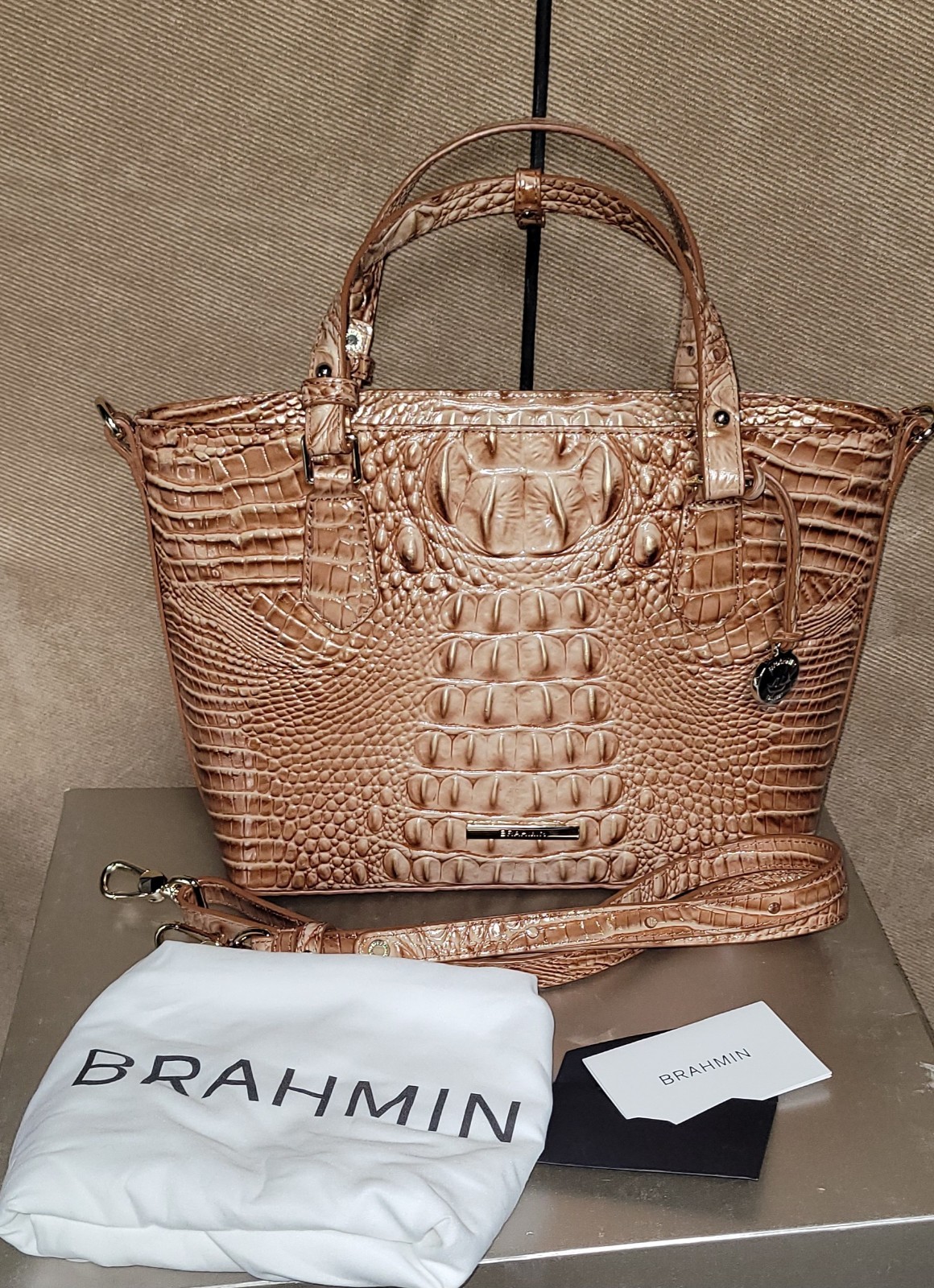 Brahmin Brown Croc Embossed Satchel Top Handle Zip w Detachable Strap Dust Bag