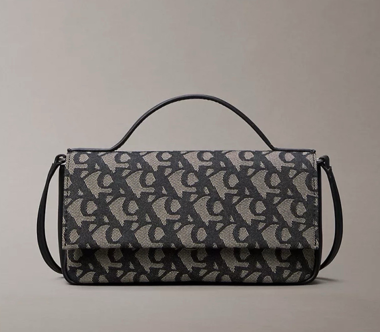 Calvin Klein Oblique Monogram Mini Top Handle Shoulder Bag Flap Black Gray