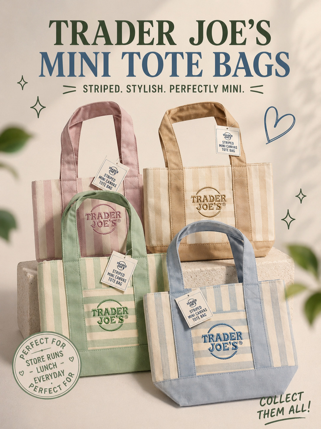 trader joes mini pastel canvas tote bag set of 4 with tags