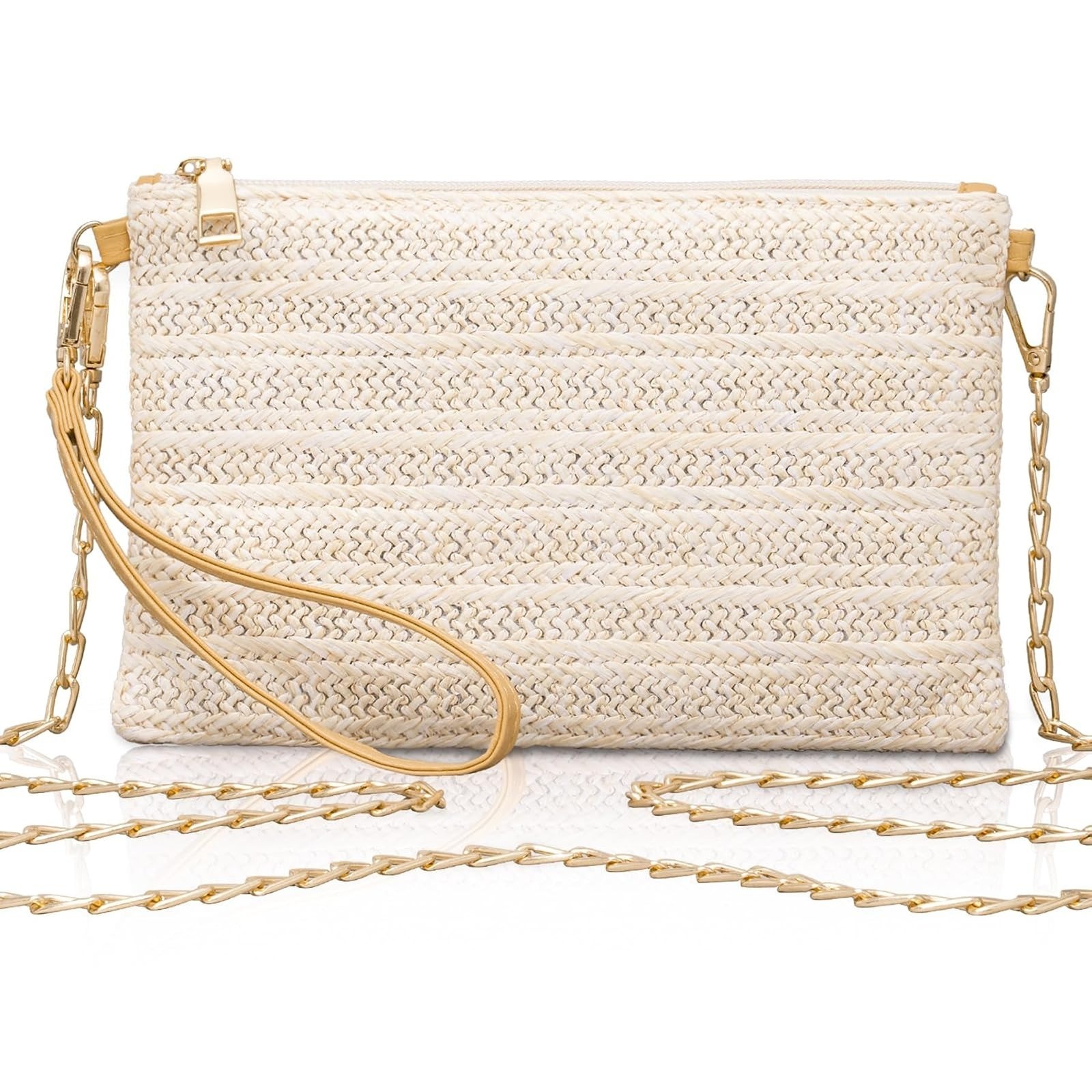 Larcenciel Straw Clutch Purse with Wrist Strap for Beach & Evening