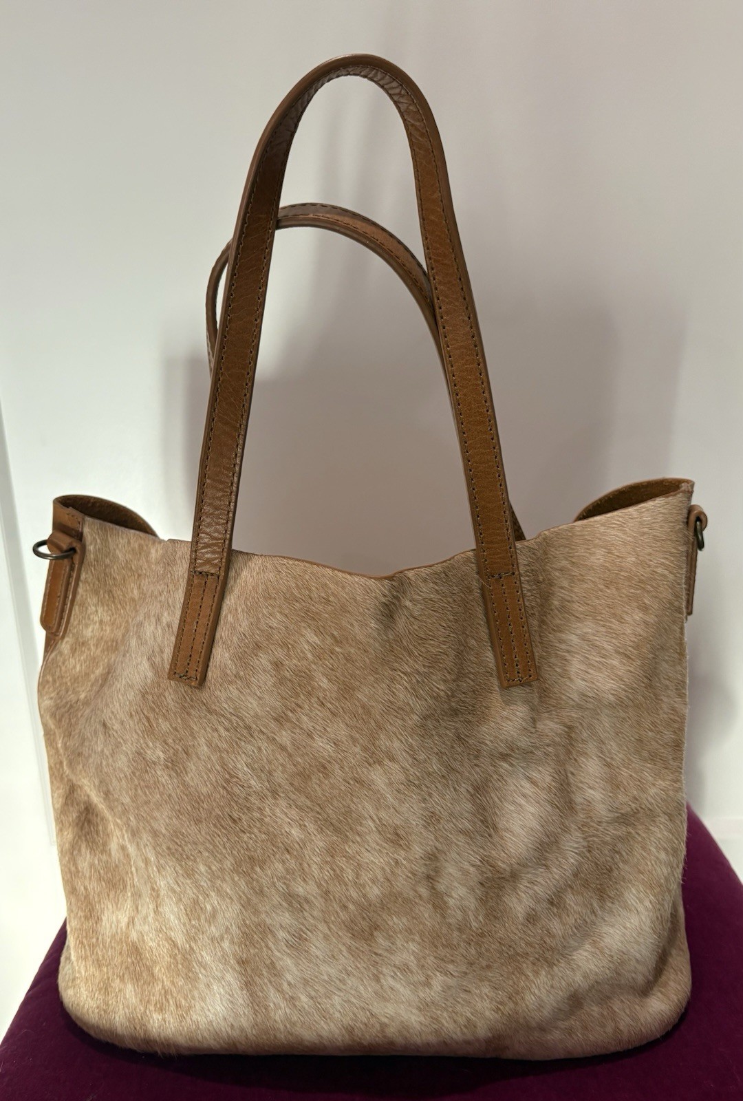 Eclectic Array – Totita Cowhide Leather Tote Hair Briso Tan – Retail $340