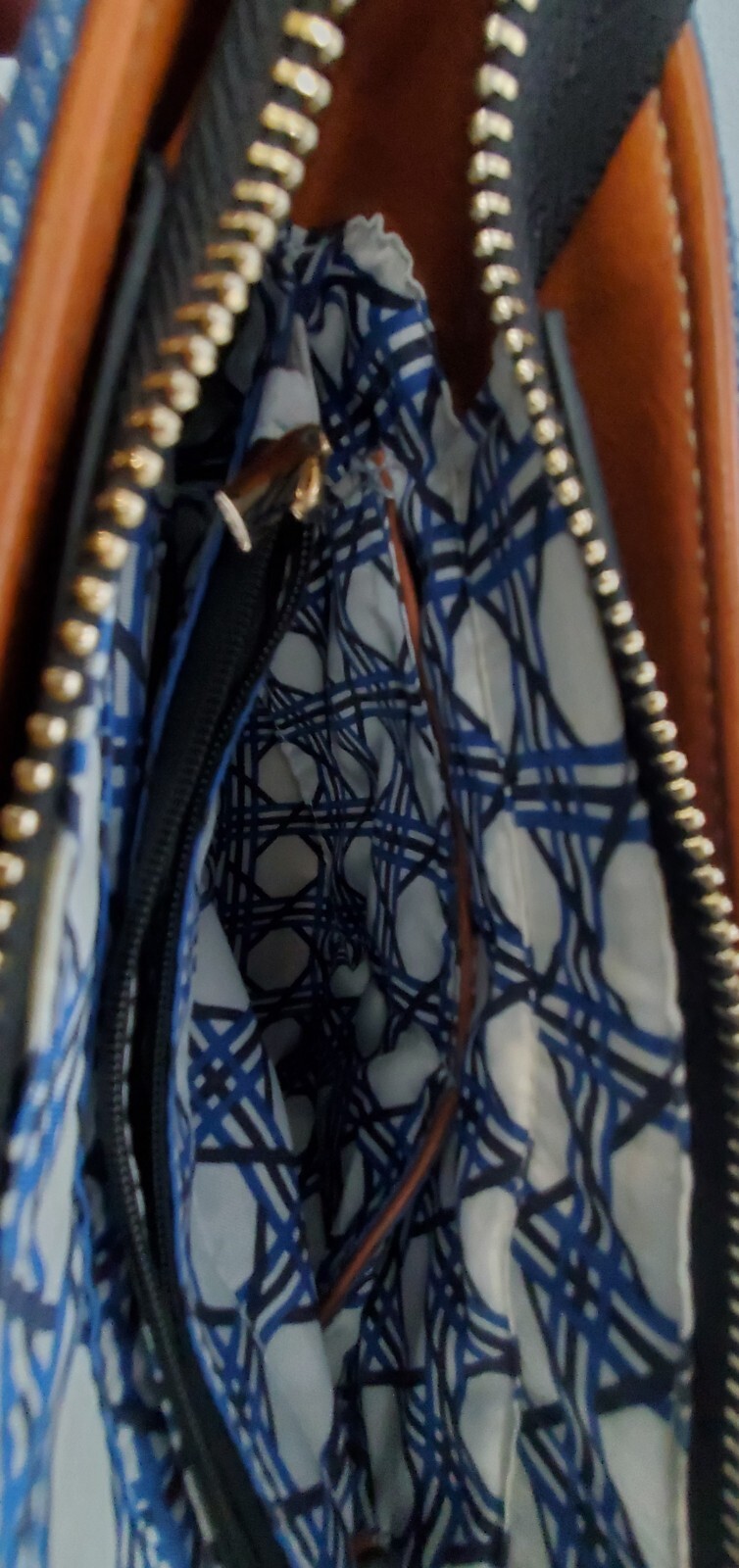 Coco + Carmen Women’s Handbag Blue And White With Brown Straps Crossbody Bag