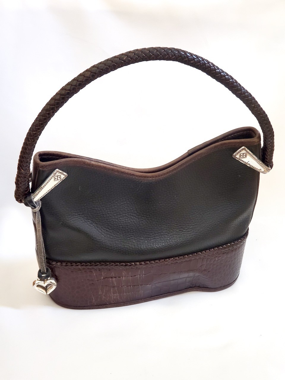 Brighton Collection Black Brown Leather Moc Croc Shoulder Bag Purse Woven Strap