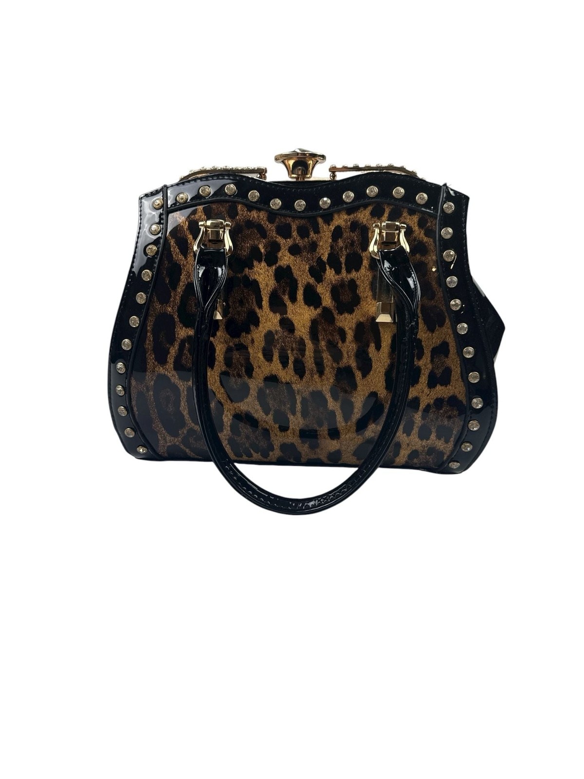 Patent Leopard Print Jewel Top Framed Satchel Handbag with Studded Trim