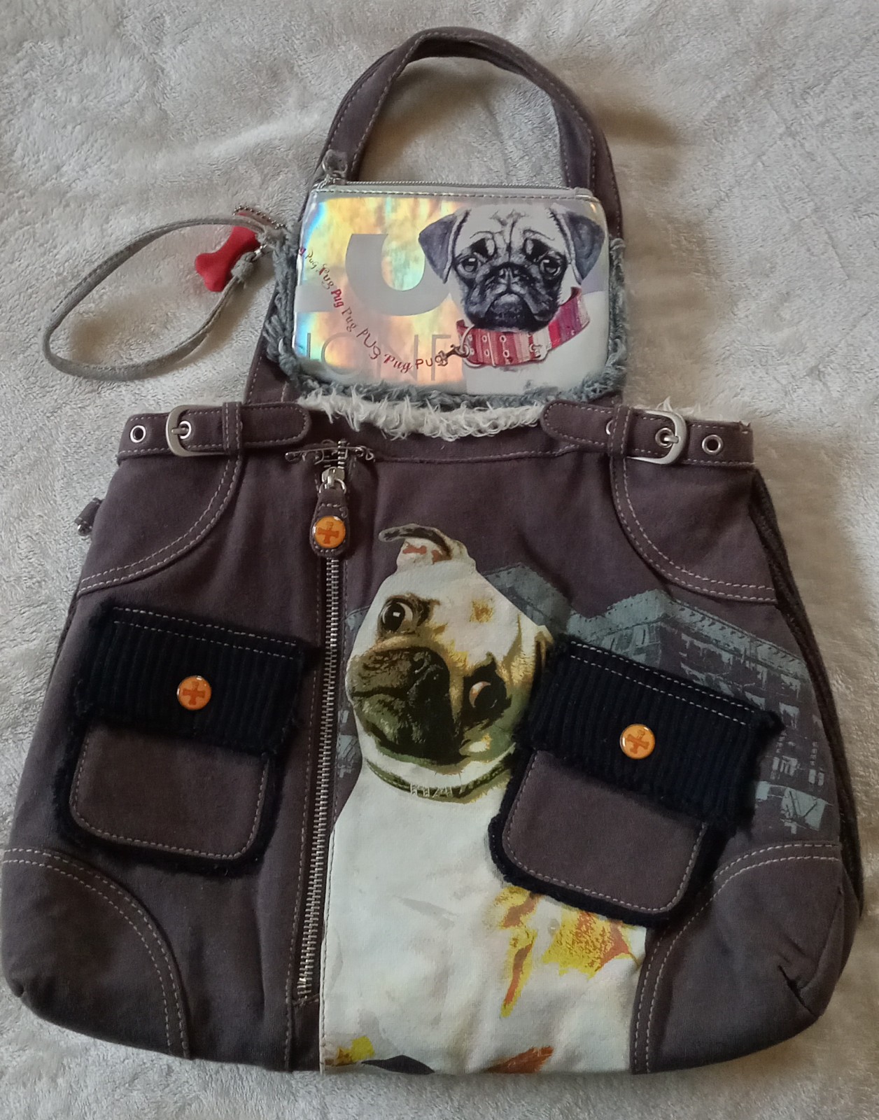 Fuzzynation Pug Button Purse and Zipper Wallet Fuzzy Cute Preowned See Images