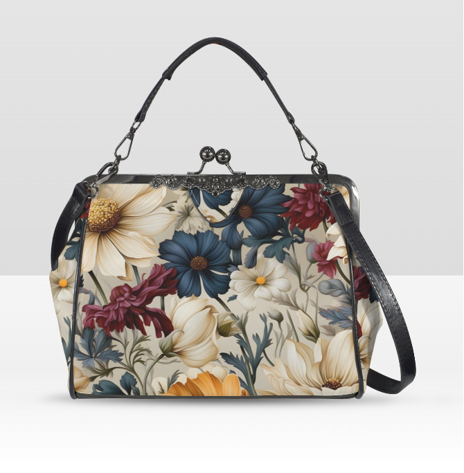 Winter Blue Burgundy Cream Flowers Shoulder Cross Body Bag Satchel Holiday Gift