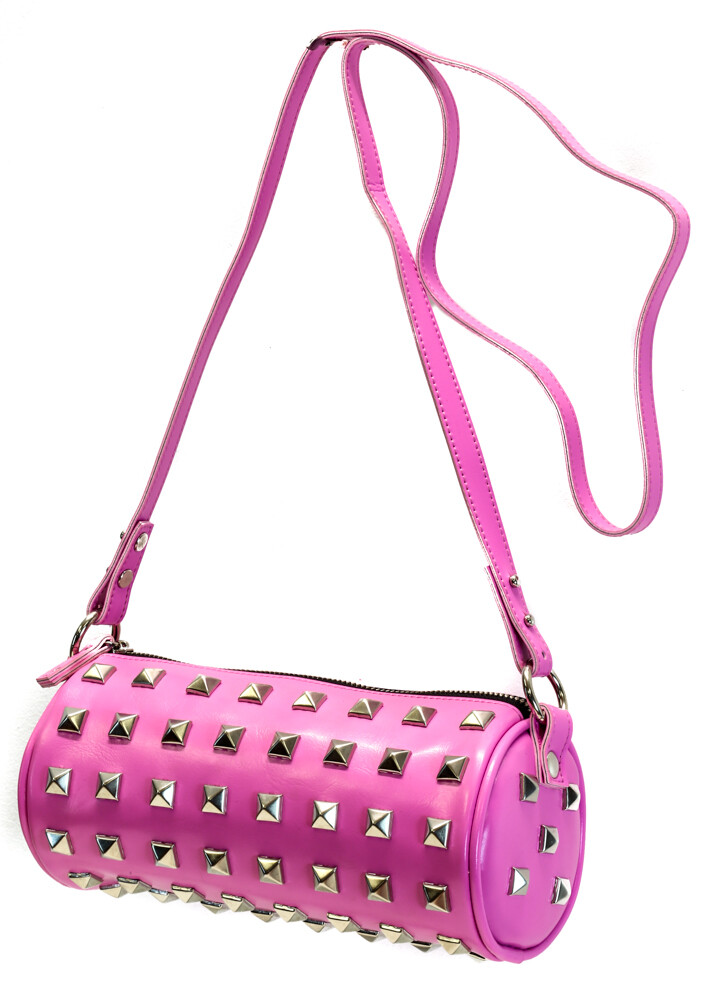 Pink Studded Punk Cylinder Handbag Pyramid Spot Stud Bowler Style Purse